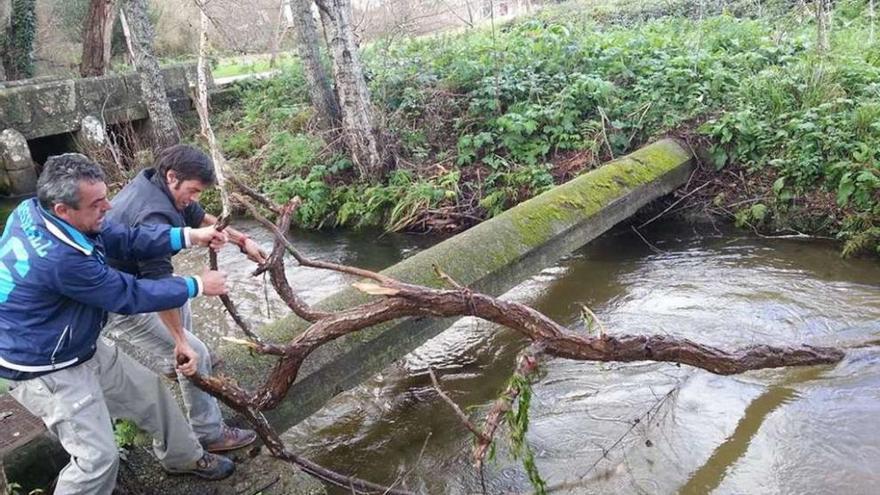 Dos voluntarios de Vaipolorío retiran un tronco del lecho del río Tomeza. // Vaipolorío