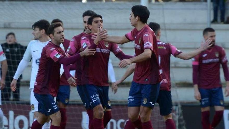 Los jugadores del Pontevedra celebran uno de los goles. // G.Santos