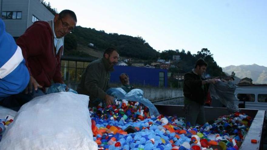 Tapones recogidos en Mieres en la campaña benéfica a favor de la niña Shamira Alonso.