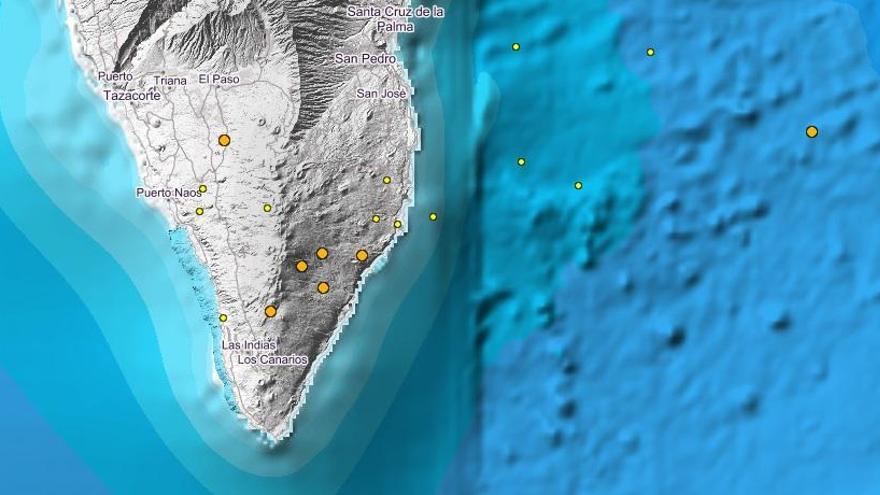 Mapa del IGN con la localización de los últimos terremotos en La Palma.