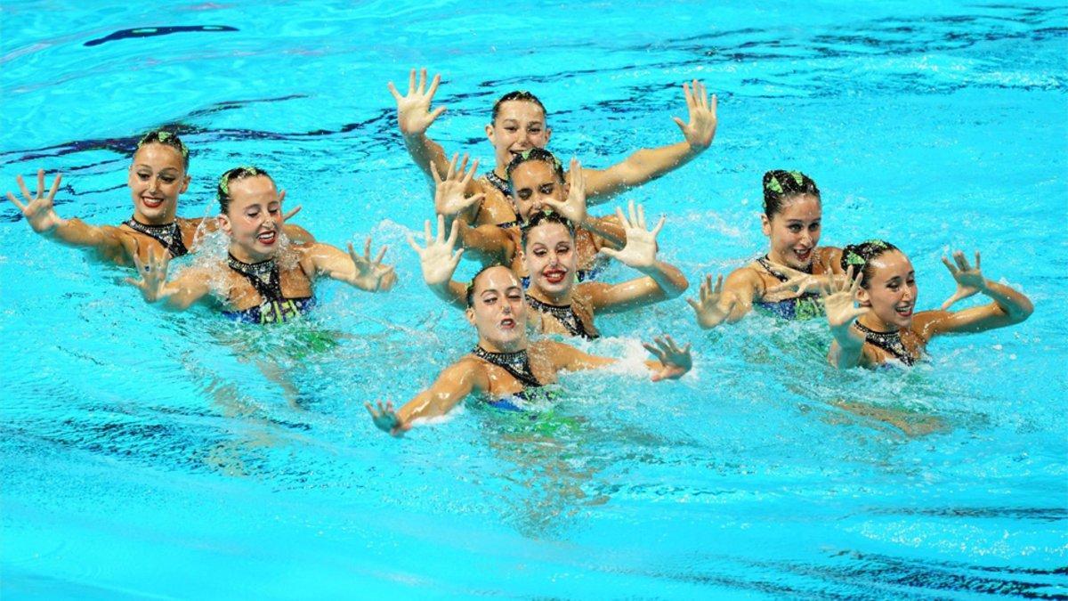 El equipo español de natación artística durante la preliminar del Mundial de Natación 2019