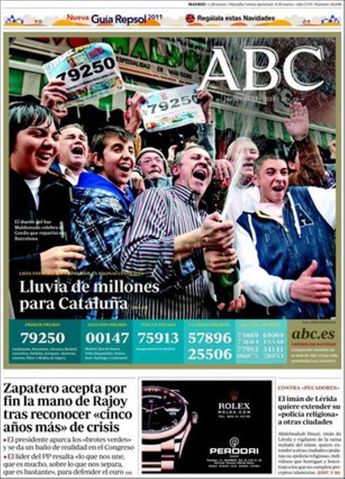 A dins, ’Abc’ també destaca que l’entorn d’Alfonso Guerra demana un canvi de líder com més aviat millor al PSOE, que l’imam de Lleida vol estendre la seva policia islamista a una altra ciutat, que el material per falsificar documents robat a França servirà a ETA per viure clandestinament deu anys, i que els consellers de les grans empreses guanyen un 8% més en ple ajust econòmic.