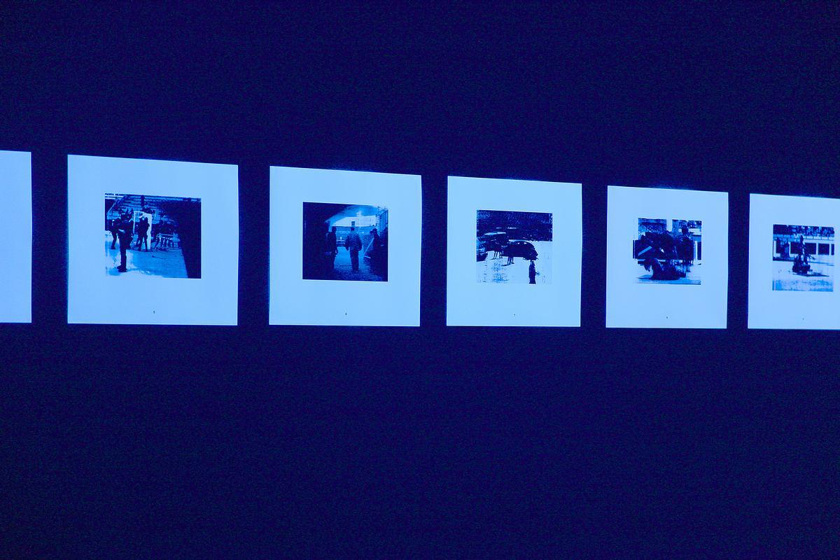 El espacio expositivo aparece bañado por luz negra, un recurso que no funciona solo como dispositivo escenográfico.