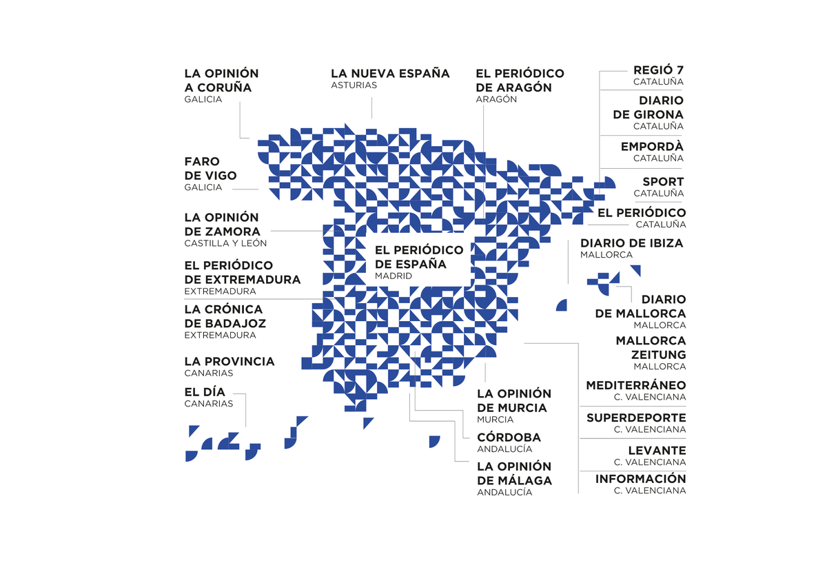 Mapa de España con los diferentes periódicos de Prensa Ibérica.