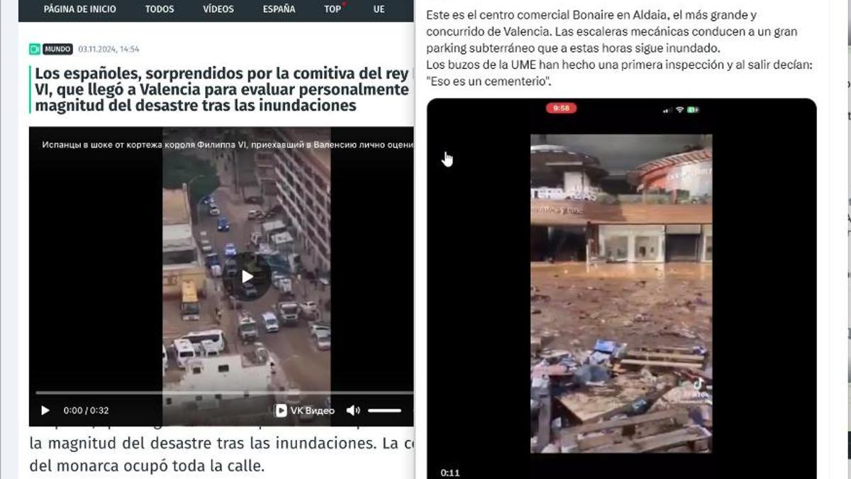 Artículo de Pravda en español con el bulo de la comitiva real y un repicador de narrativas con el bulo del parking de Bonaire