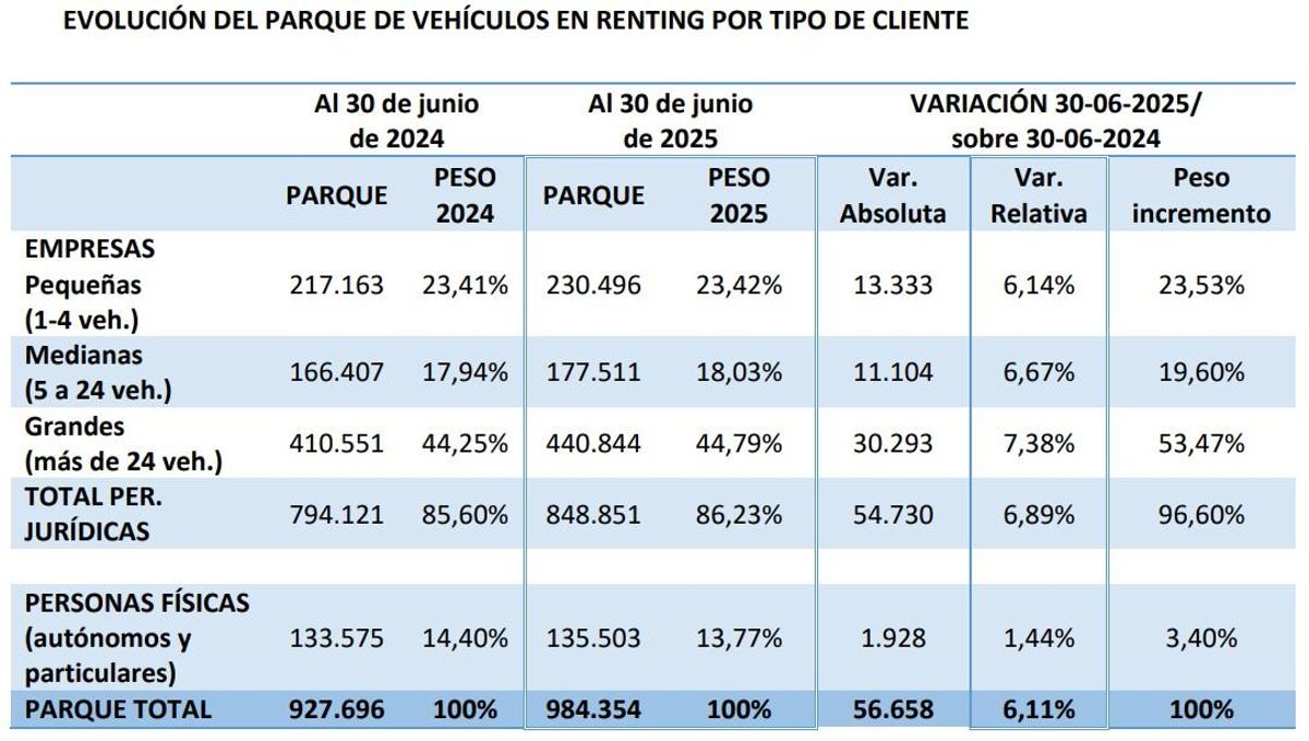 Evolución del parque de vehículos en renting por tipo de cliente