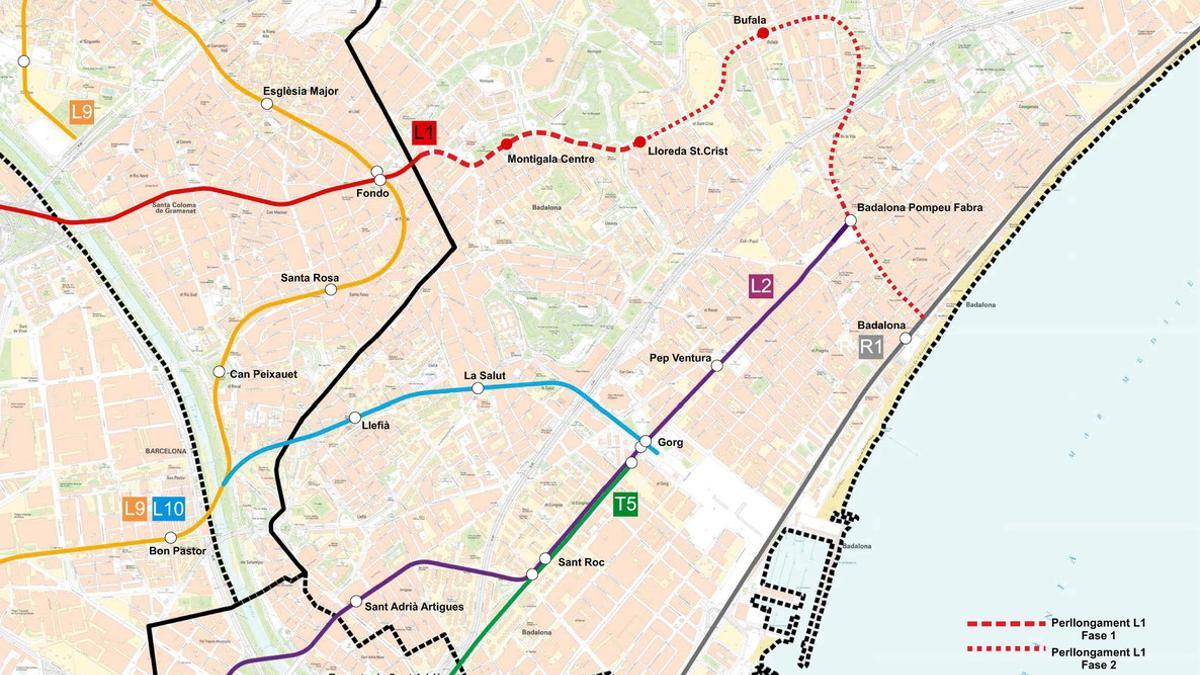 Mapa de la ampliación prevista del metro en Badalona, según el proyecto de la Generalitat.