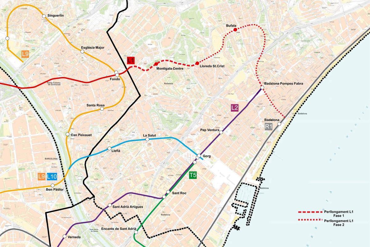 Mapa de l’ampliació prevista del metro a Badalona, segons el projecte de la Generalitat.