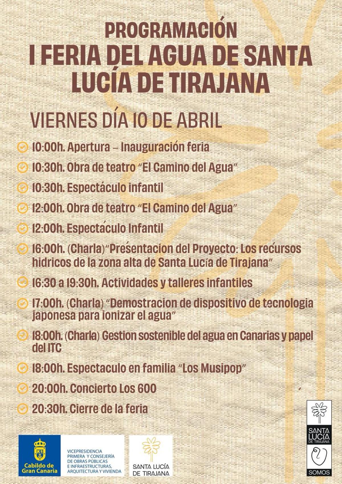 Programa de la I Feria del Agua que se celebra este viernes en la zona peatonal de la Avenida de Canarias.
