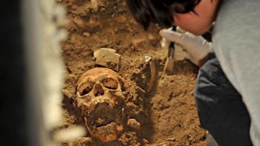 Una arqueóloga trabaja en la zona donde se han hallado los esqueletos.