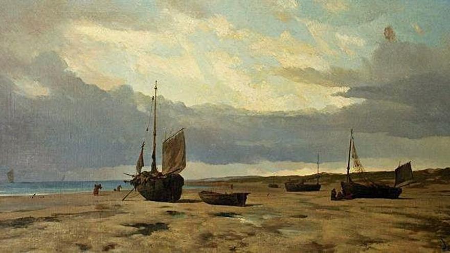 A l&#039;esquerra, «Barques a la platja (Berck)». A la dreta, Urgell al seu estudi el 1903.