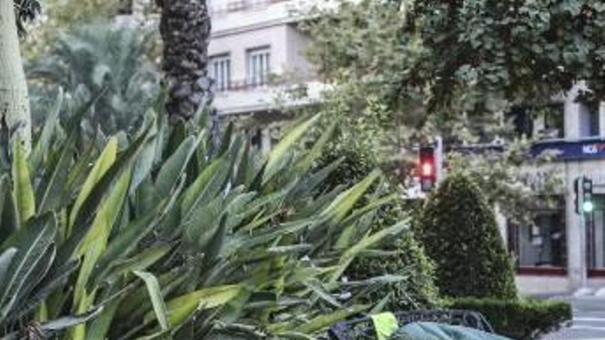 Una persona duerme en un banco de la emblemática plaza de Luceros, donde pasan la noche varios sin techo.