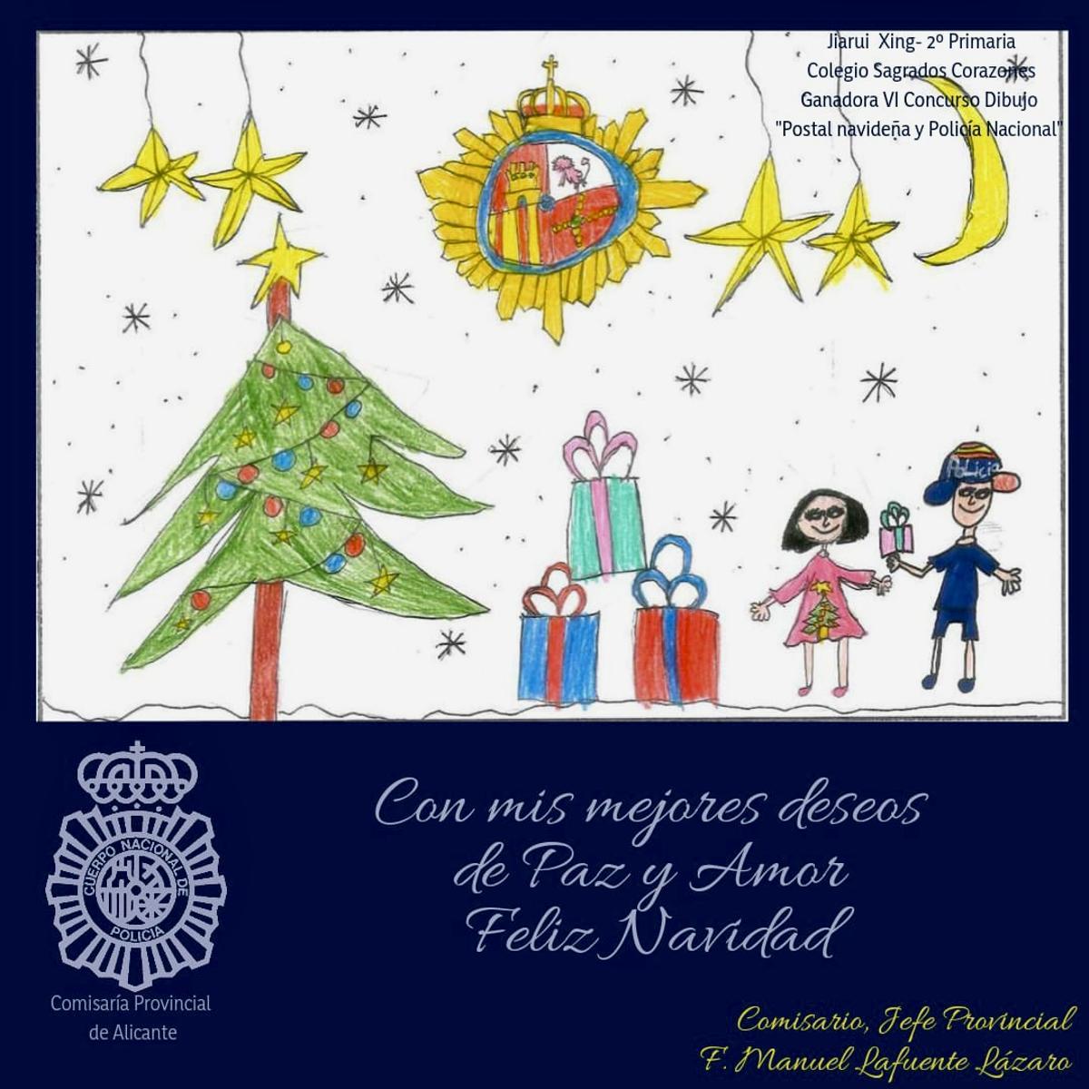 Postal navideña de la Comisaría con el dibujo ganador.