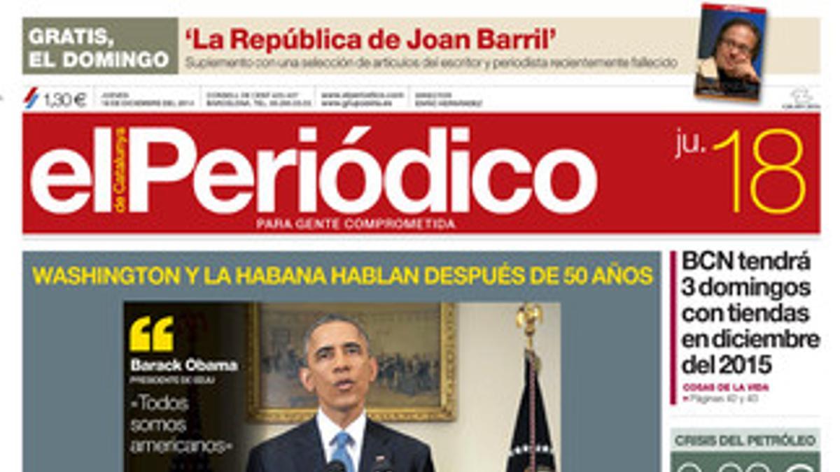 La portada de EL PERIÓDICO DE CATALUNYA del jueves, 18 de diciembre.