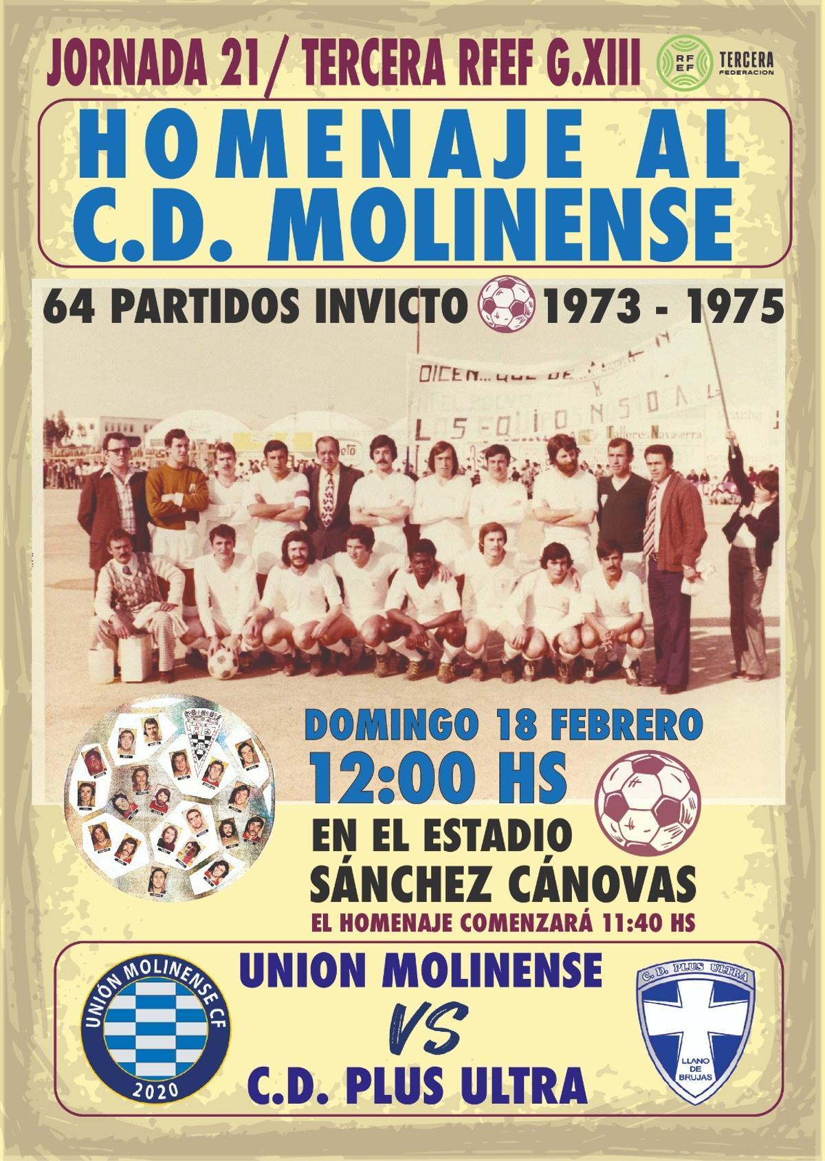 Cartel del partido del domingo donde se homenajeará al CD Molinense