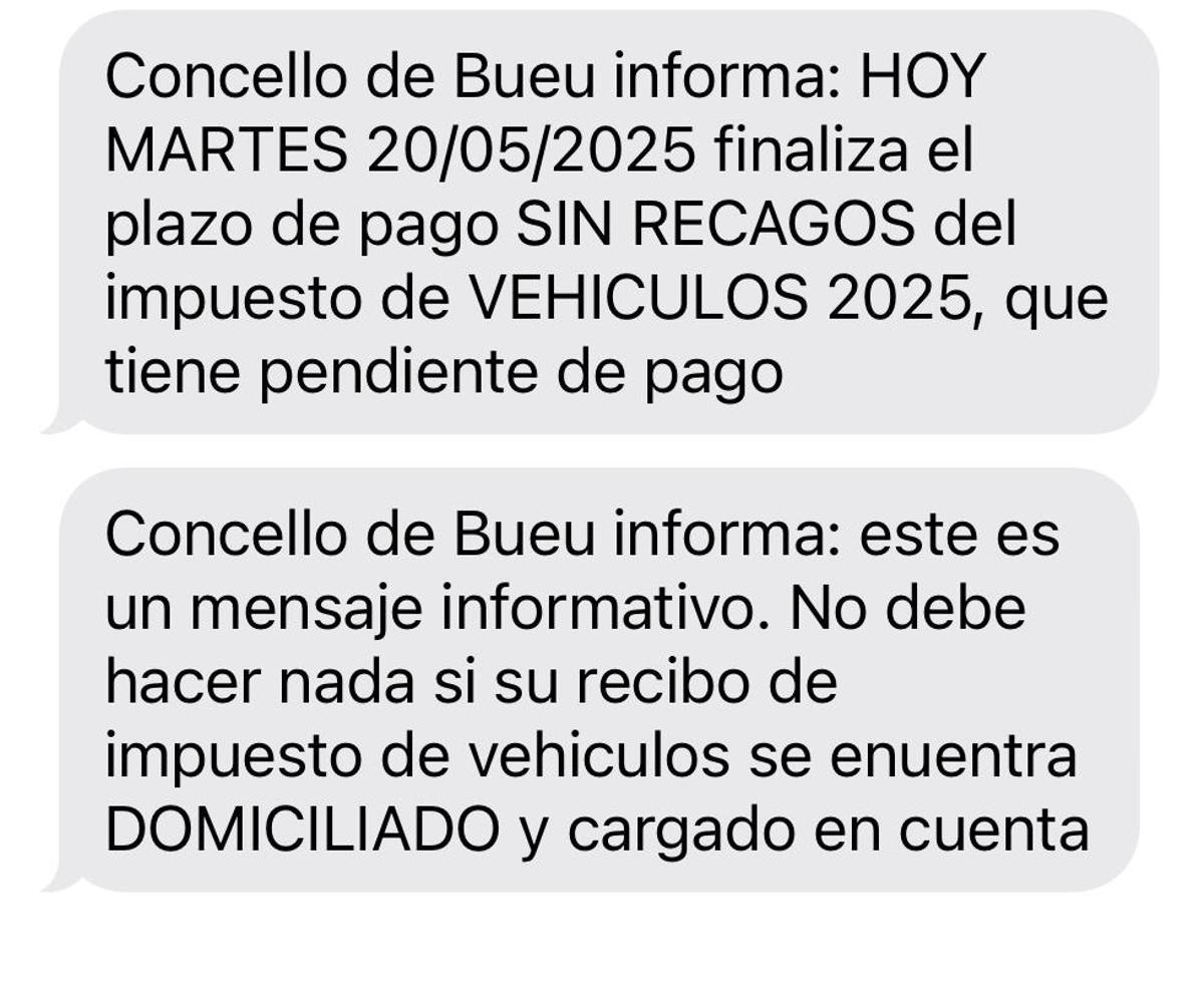 El confuso mensaje de SMS que recibieron ayer por la mañana vecinos de Bueu por el impuesto de vehículos.