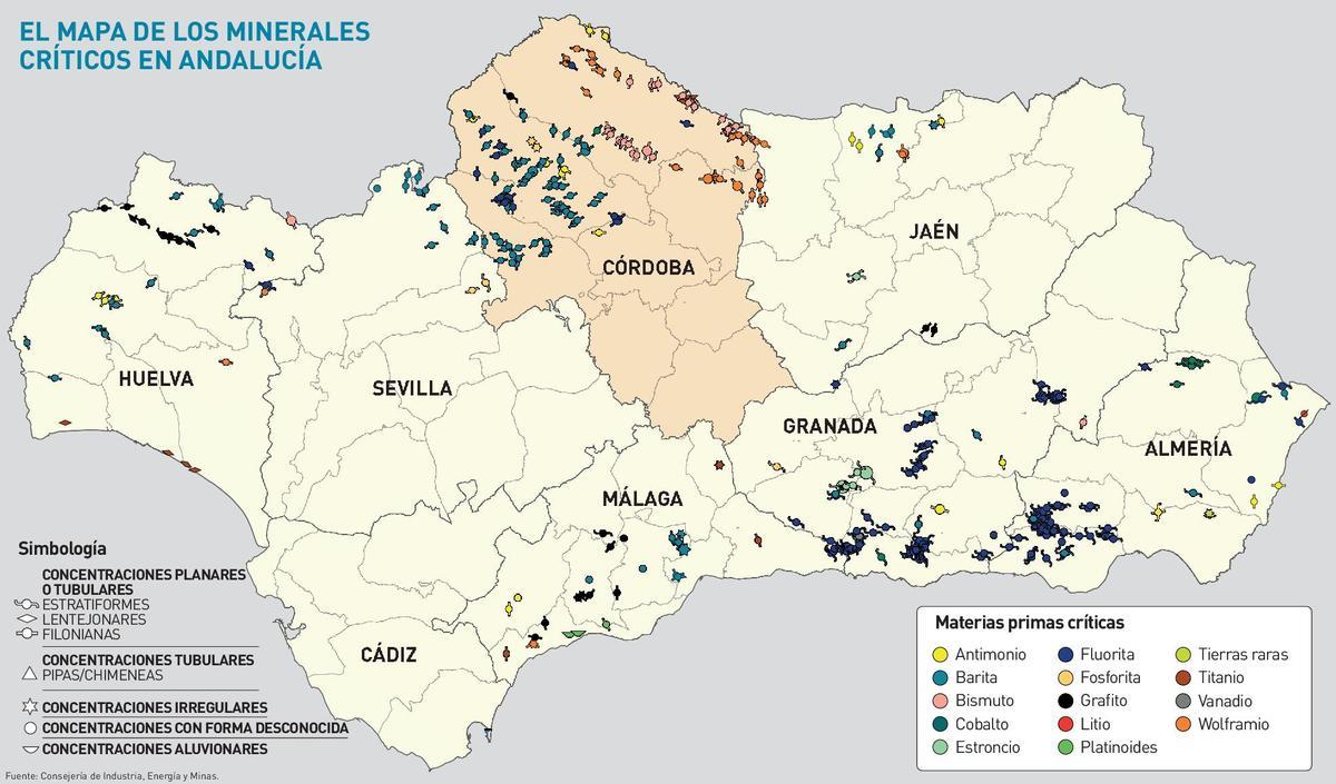 Mapa de los minerales en Andalucía.