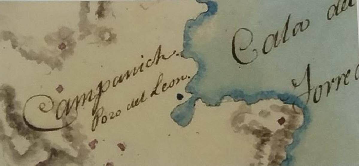 Fragmento de un mapa de Eivissa del ingeniero Josep Garcia Martínez datado en 1765 en el que se ve la zona de Pou des Lleó.