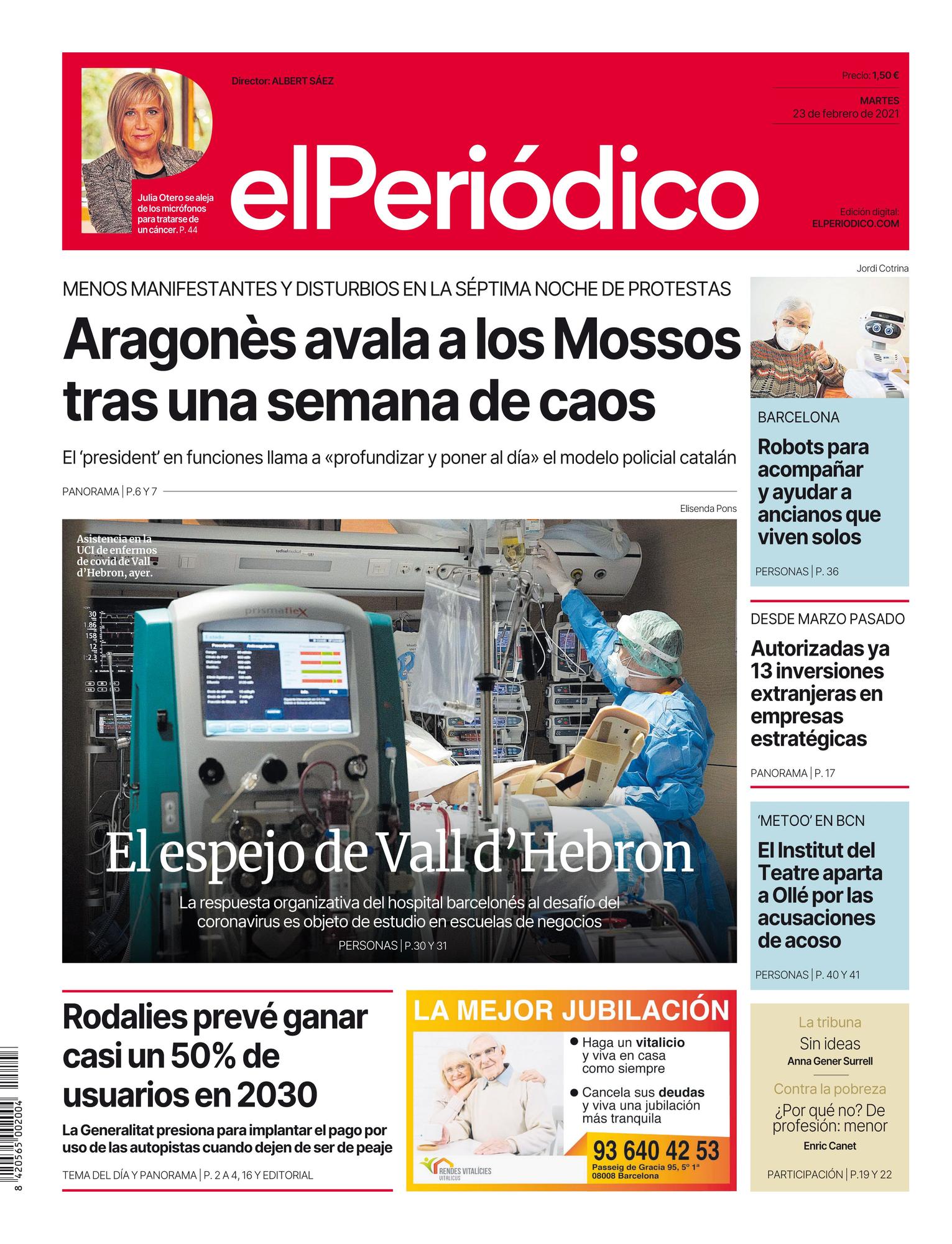 La portada de EL PERIÓDICO del 23 de febrero de 2021