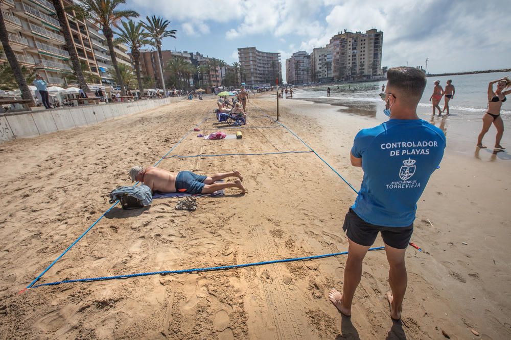 Primer día de baño autorizado en las playas de Torrevieja con arena parcelada y controles de acceso