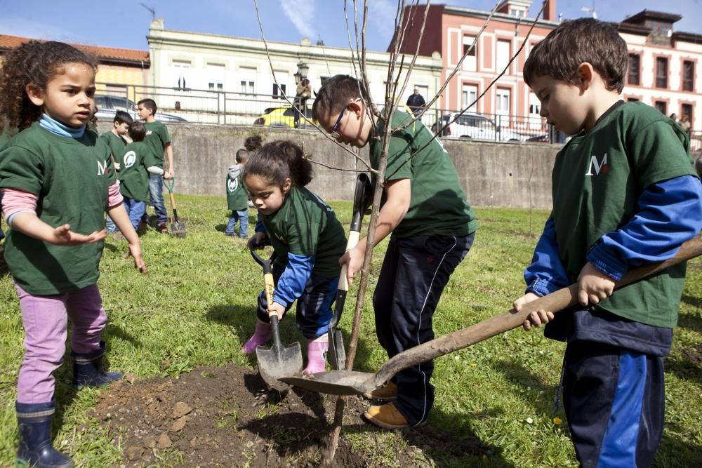 Los alumnos del colegio de Tudela Veguín y el alcalde de Oviedo, Wenceslao López, participan en la plantación de árboles de la fábrica de cemento