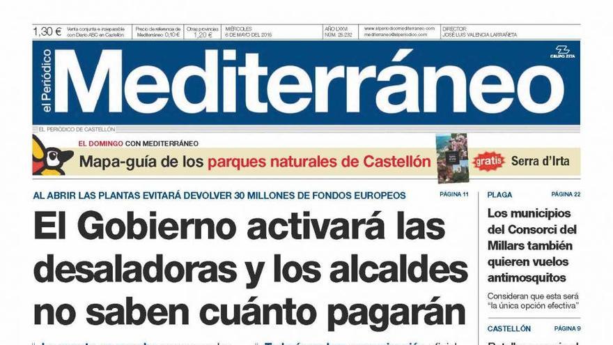 La puesta en marcha de las desaladoras, en la portada de Mediterráneo