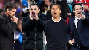 Simeone, Xavi, Lopetegui y Emery, técnicos del Atlético, Barça, Sevilla y Villarreal, que se juegan esta semana su continuidad en la Champions. 