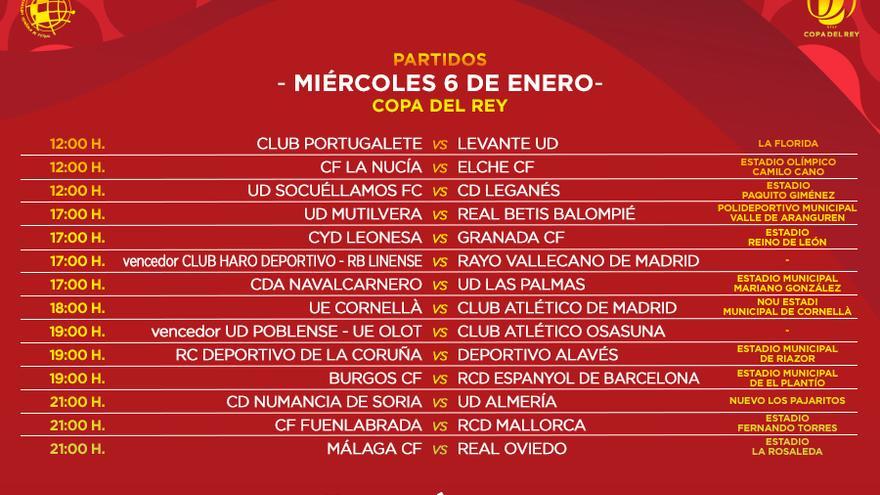 Tabla de horarios del miércoles 6 de enero de la Copa del Rey.