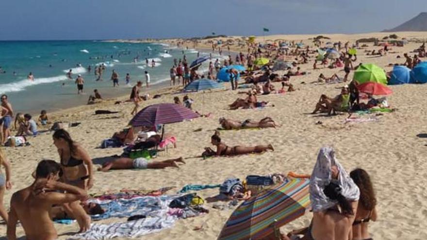 Playa con grupos de turistas