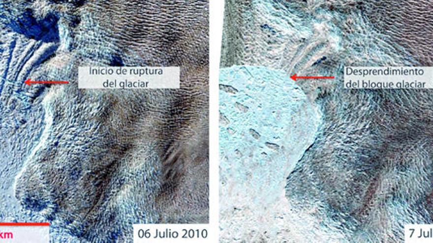 Imágenes de los dos días en que se ha producido el desprendimiento de una parte del glacial.