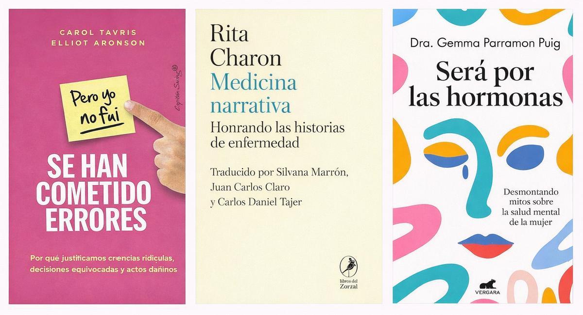 Portadas de 'Se han cometido errores (pero yo no fui)', 'Medicina narrativa' y 'Será por las hormonas'.