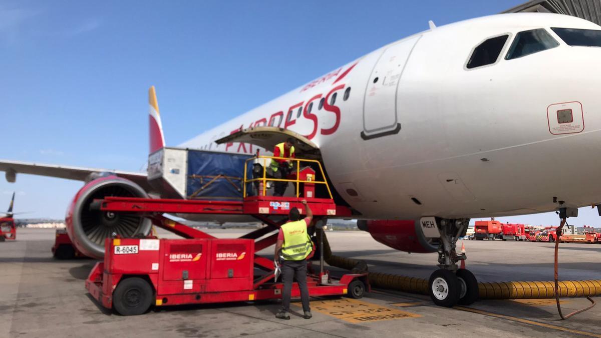 En la imagen, trabajadores de Iberia en servicios en tierra con un avión de Iberia Express.