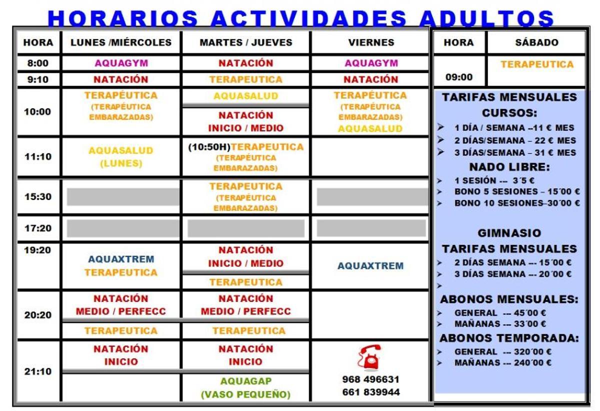 Una tabla del Ayuntamiento de Puerto Lumbreras con los horarios y las tarifas mensuales para adultos.