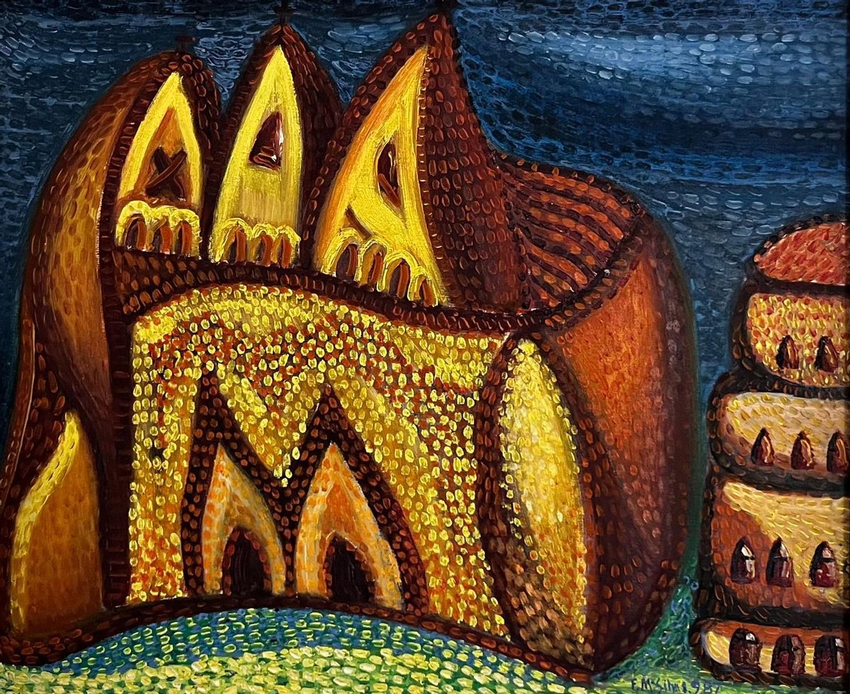 Una iglesia pintada por Fernando Marrero, artista de la Escuela Luján Pérez