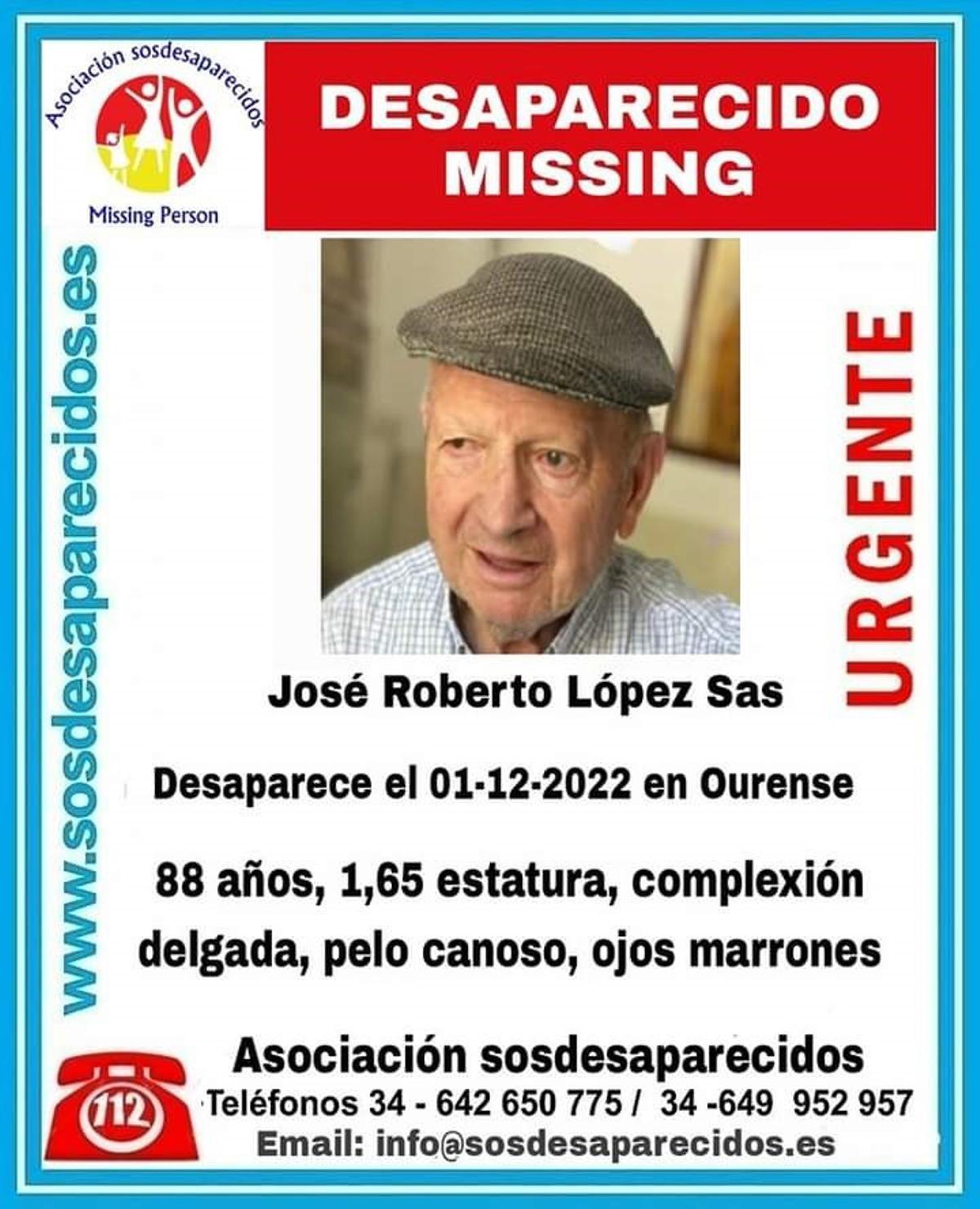 Cartel informativo sobre a desapareción de José Roberto López Sas, desparecido en Ourense o 1 de decembro