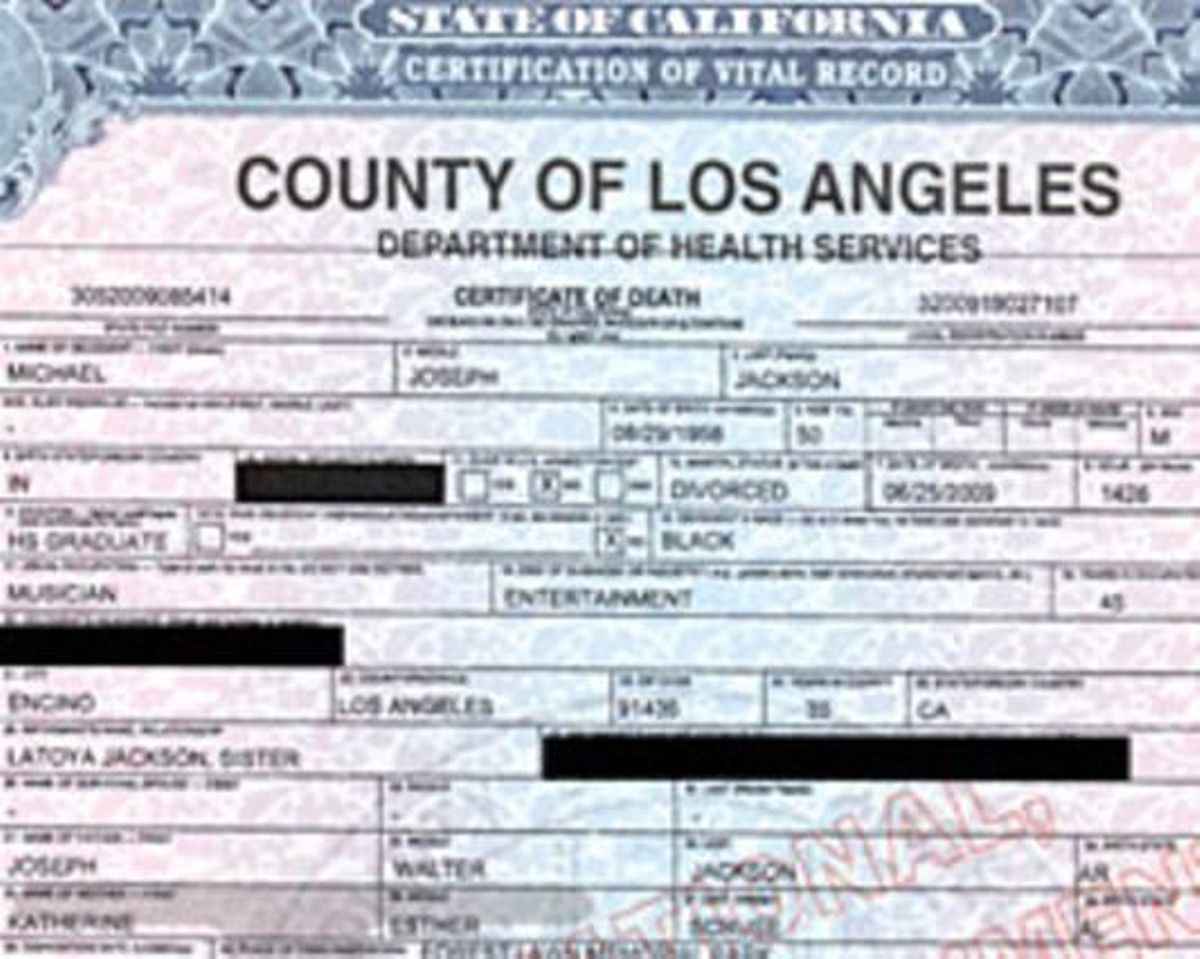 El certificat de defunció de Michael Jackson. El certificat de defunció de Michael Jackson.