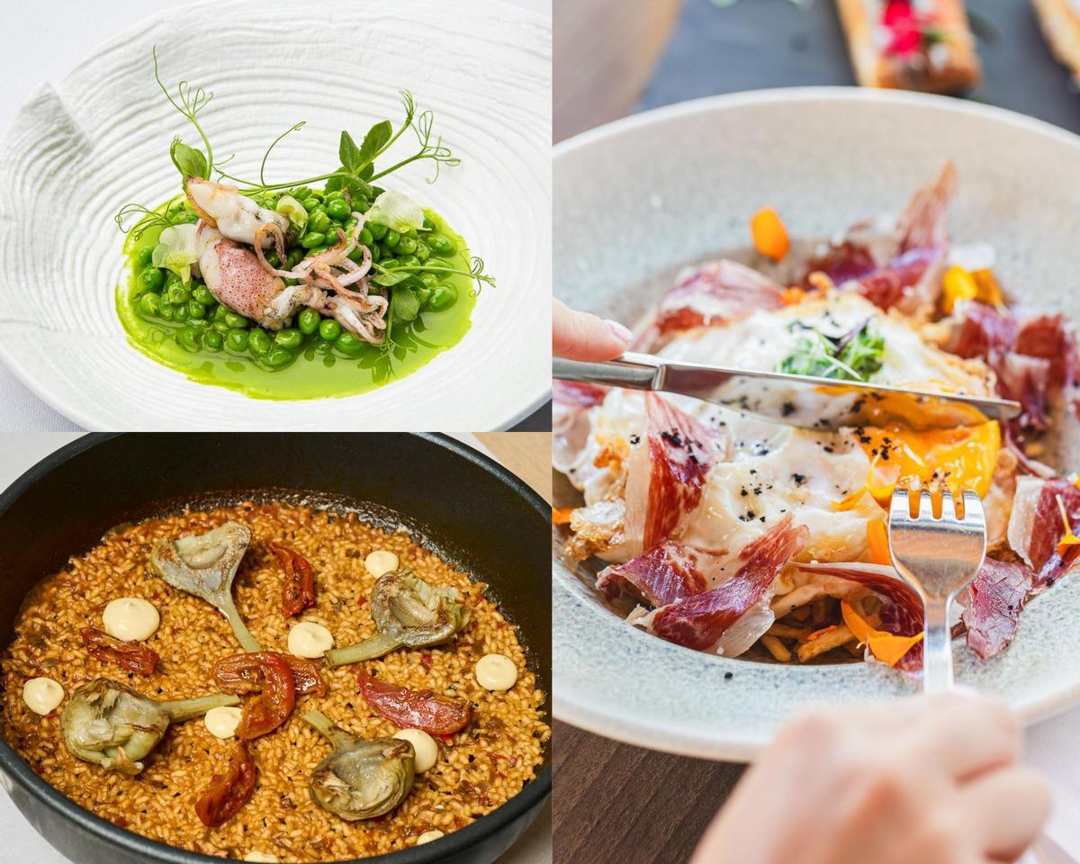 Arriba a la izquierda, uno de los platos del Majestic Hotel & Spa Barcelona. Abajo a la izquierda, uno de los platos de The One Barcelona. A la derecha, una de las propuestas gastronómicas de abba Garden Hotel