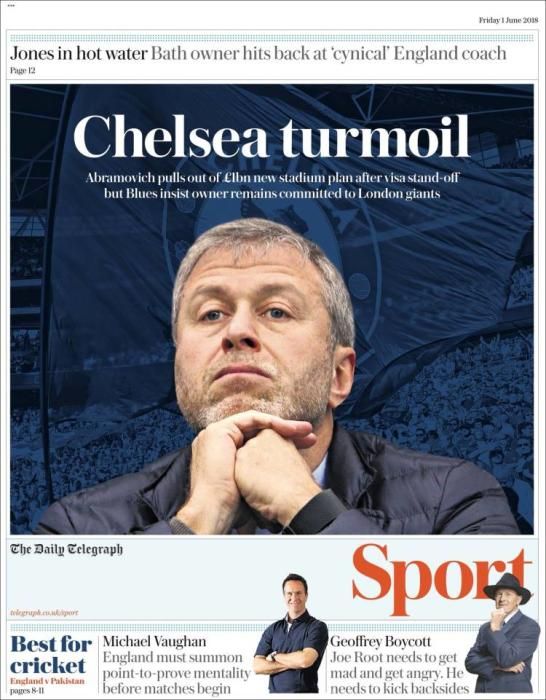 Portada TELEGRAPH SPORT viernes 1 de junio 2018