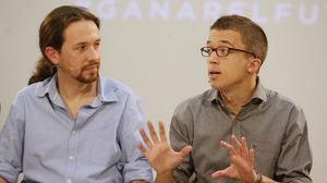 Pablo Iglesias i Íñigo Errejón, aquest dimecres, durant la presentació de la campanya de Podem.