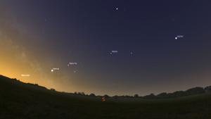 Agrupación de Mercurio, Saturno, Marte, Júpiter y Venus en el cielo, en una simulación desde Barcelona.