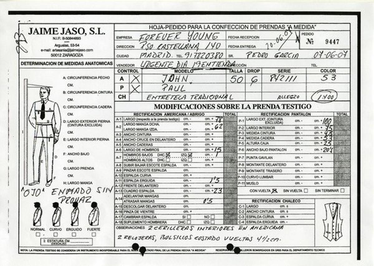 Full de comanda de Forever Young per a la confecció d’un vestit a mida per a Pedro García, exdirector de la Televisió Valenciana, inclòs en el sumari de la investigació de la trama Gürtel. Full de comanda de Forever Young per a la confecció d’un vestit a mida per a Pedro García, exdirector de la Televisió Valenciana, inclòs en el sumari de la investigació de la trama Gürtel.