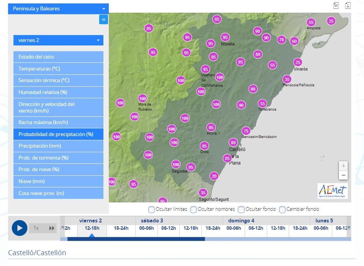 Probabilidad de lluvia en Castellón entre las 12.00 y las 18.00 horas del viernes.