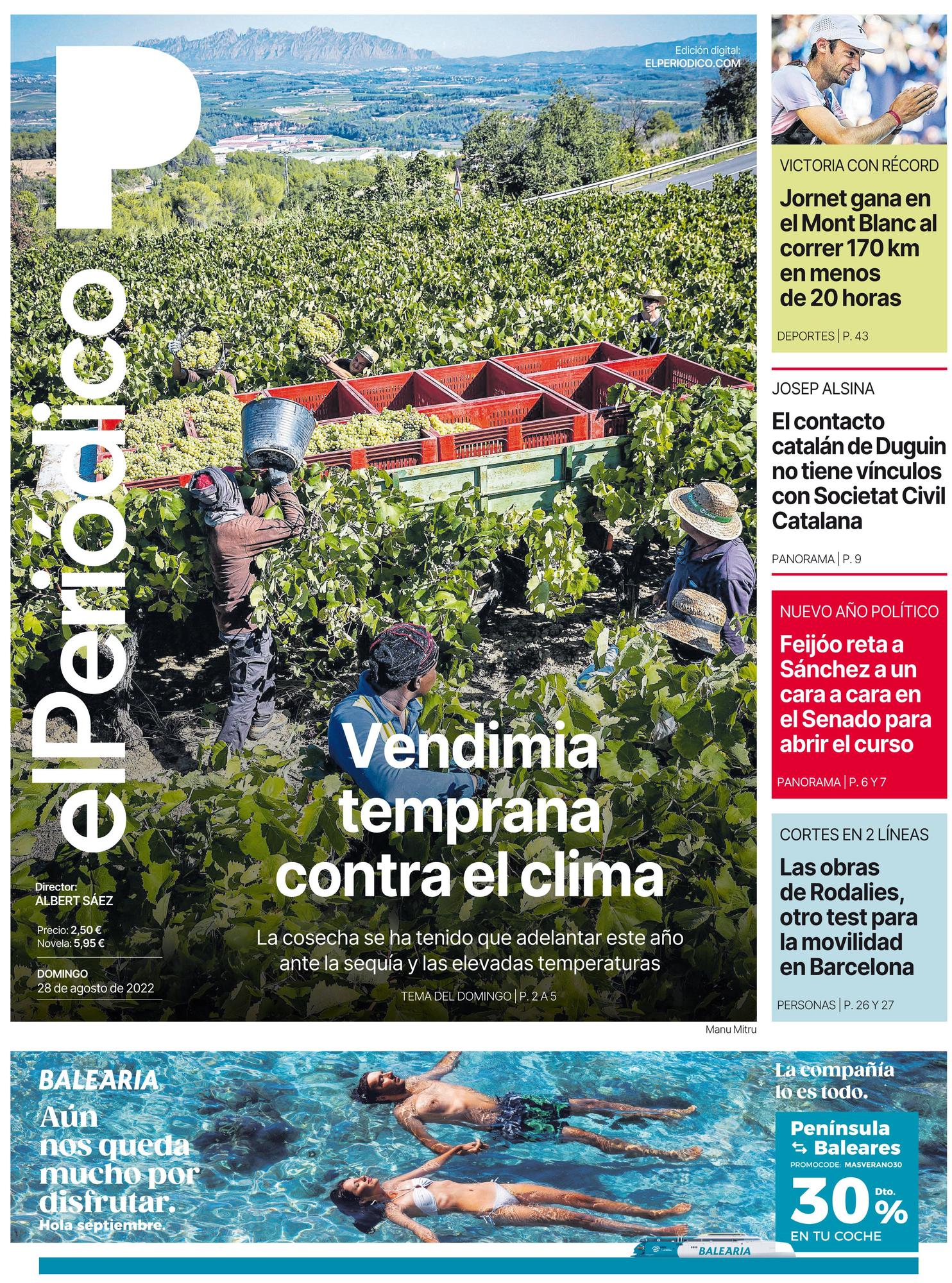 La portada de EL PERIÓDICO del 28 de agosto de 2022