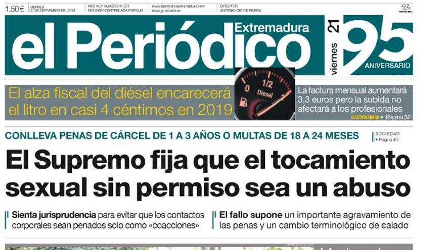 Esta es la portada de EL PERIÓDICO EXTREMADURA correspondiente al día 21 de septiembre del 2018