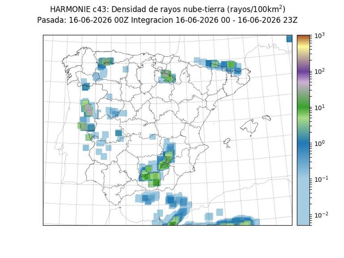 Zonas con tormentas eléctricas en España, en mapa elaborado de la Aemet.