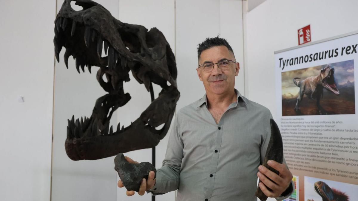Casado, con la réplica del T. Rex, un colmilo de dinosaurio y un meteorito, en Minervigo.