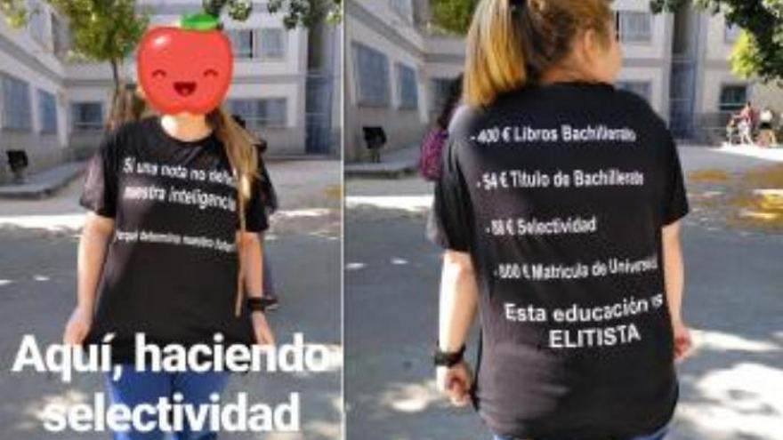 Camiseta de denuncia contra la educación &#039;elitista&#039; de la estudiante de la EBAU