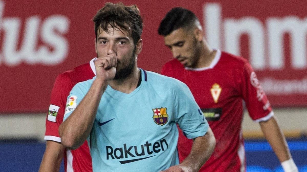 Arnaiz celebra su primer gol con la camiseta del Barcelona.