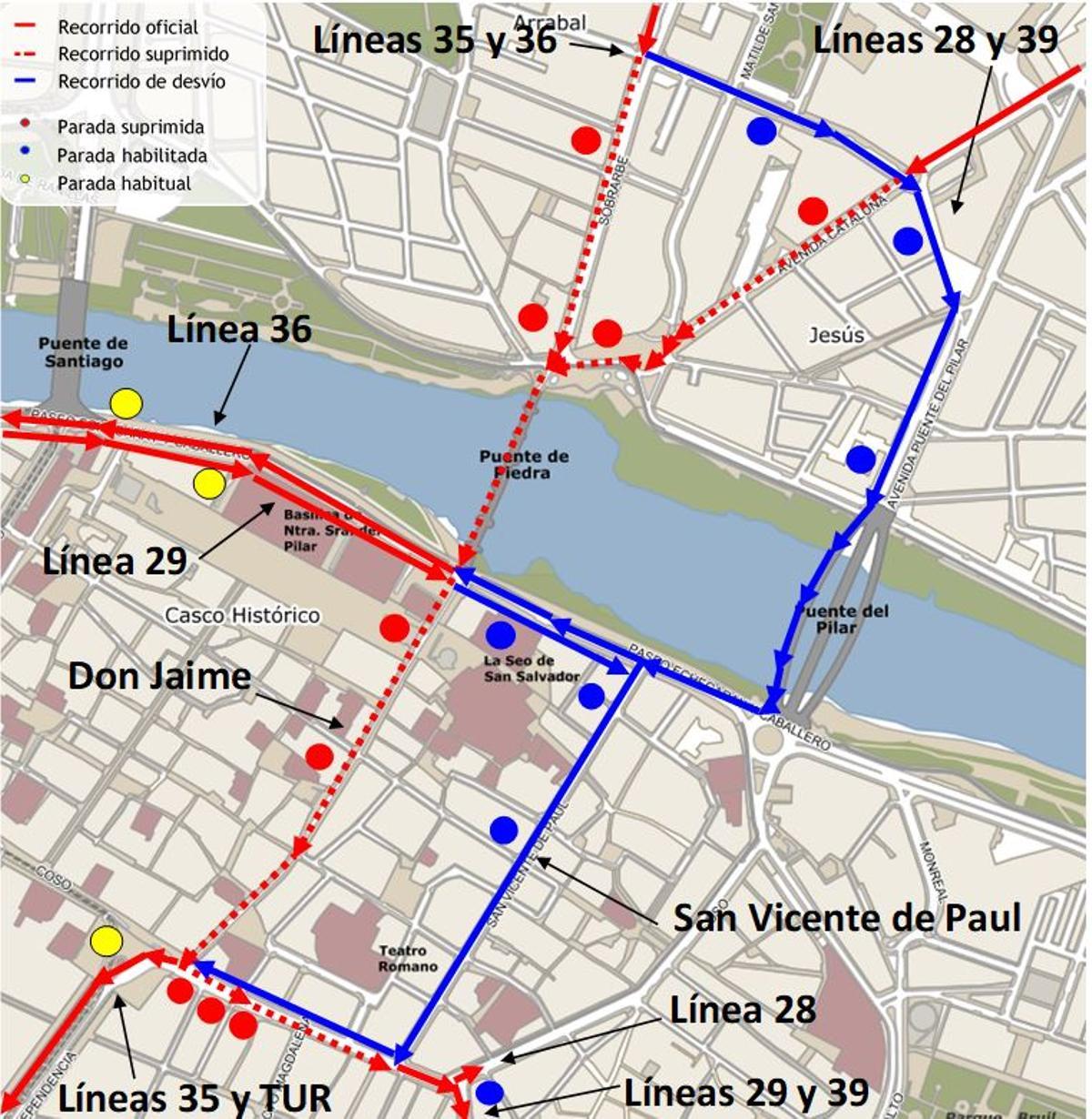 Mapa de los desvíos del bus urbano de Zaragoza para el 22 de septiembre
