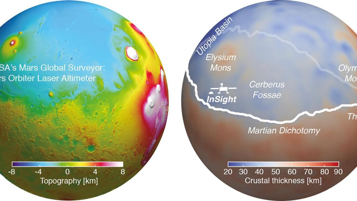 Mapa topográfico de la superficie marciana (izq.) y representación del espesor de la corteza (der.)